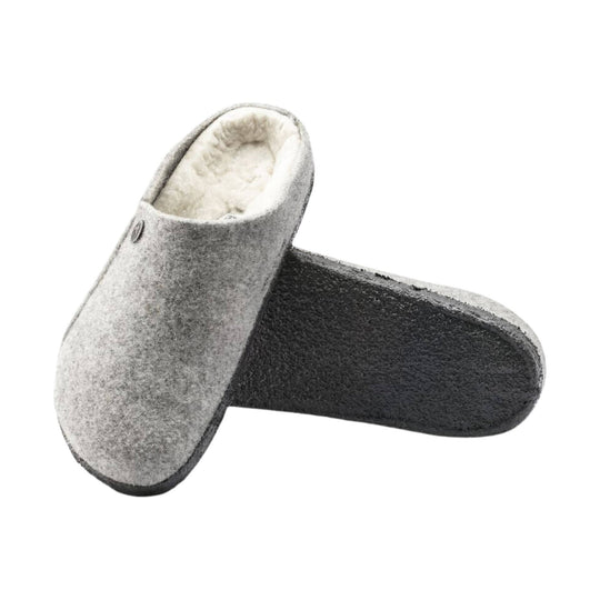 Gray shearling-lined slipper clog with black sole