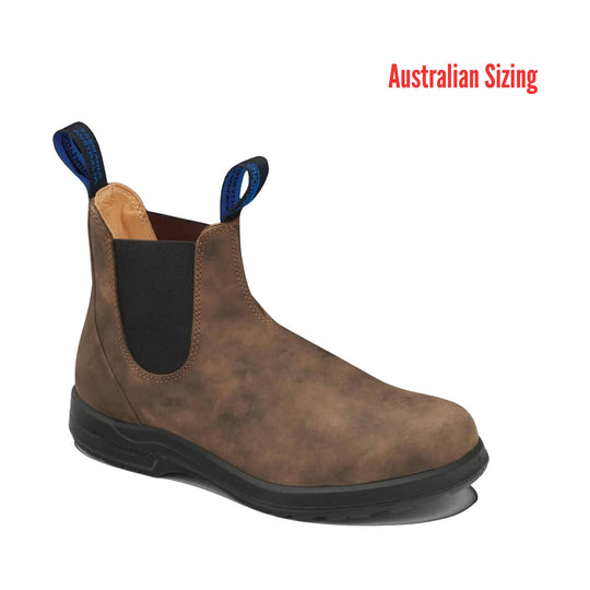 Brown Chelsea-style ankle boot with black sole and blue pull tabs