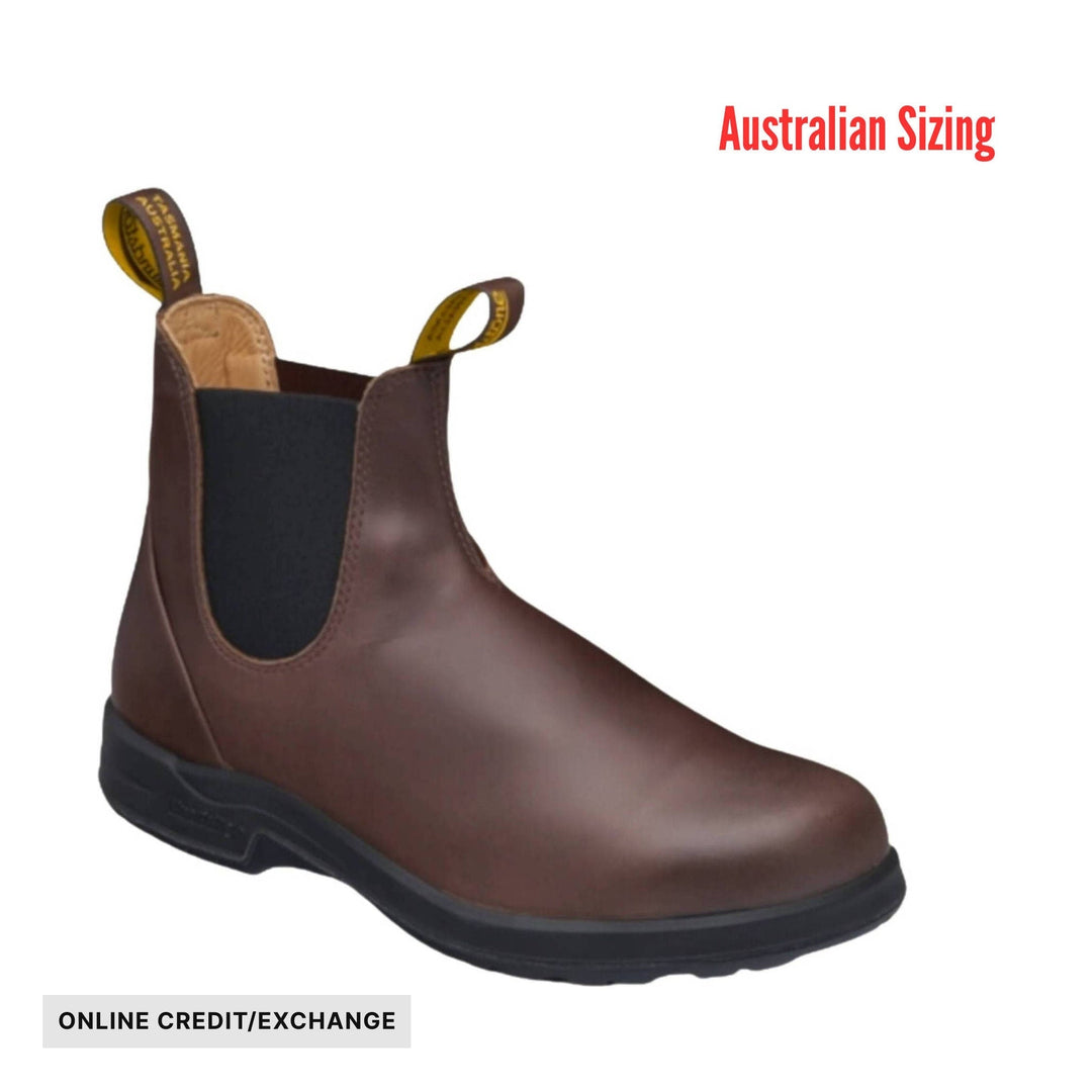 Brown Chelsea boot with black sole and pull tabs, labeled Australian Sizing