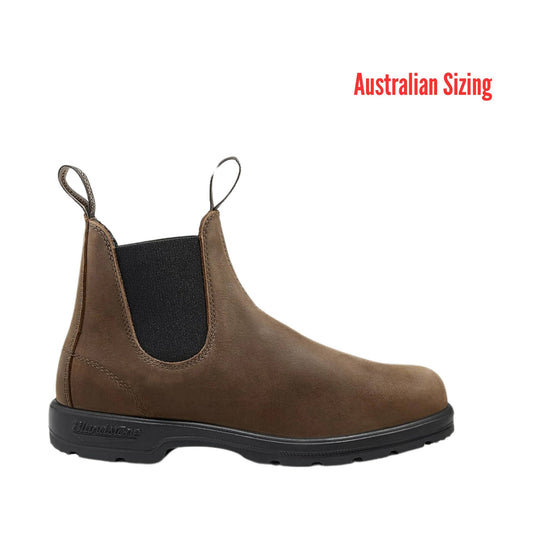 Brown Chelsea boot with black elastic side panels and pull tabs