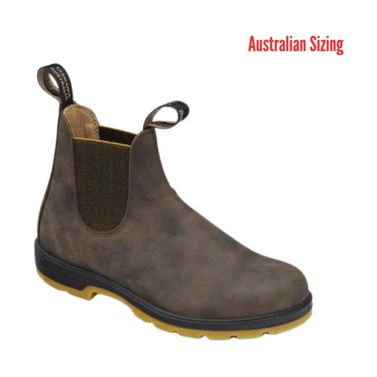 Brown leather boot with yellow sole on a white background, labeled 'Australian Sizing'.