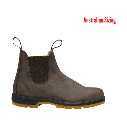 Brown leather boot with black sole on a white background, featuring 'Australian Sizing' text.