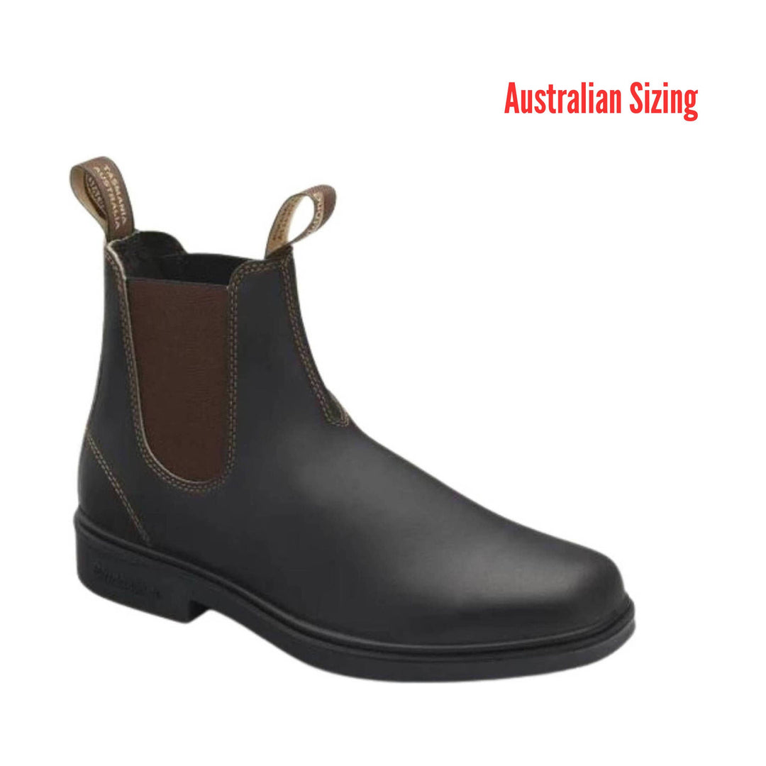 Black leather boot with brown patch on a white background, labeled 'Australian Sizing'.