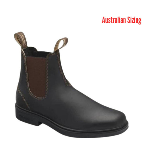 Black leather boot with brown patch on a white background, labeled 'Australian Sizing'.