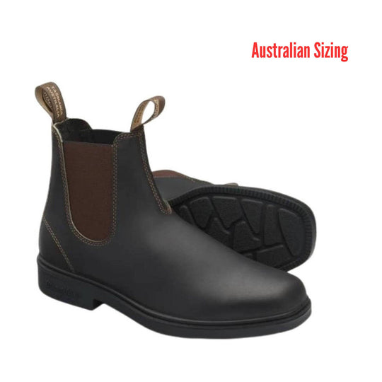 Black leather boots with brown lining on a white background, labeled 'Australian Sizing'.