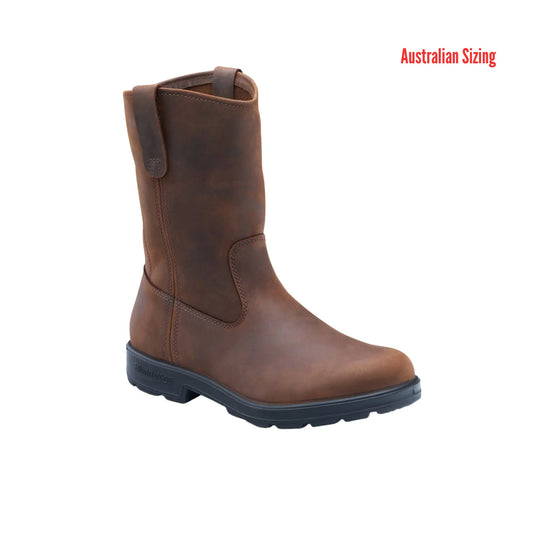Brown leather pull-on boot with black sole and strap at the top, shown in side view