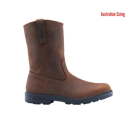 Brown pull-on work boot with a black treaded sole