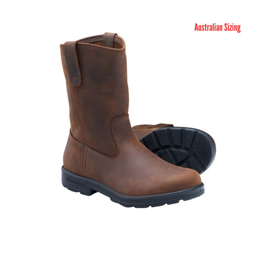 Brown pull-on work boot with black treaded sole, shown front and side view
