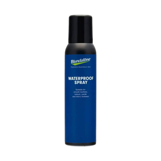Blue waterproof spray bottle with black cap labeled “WATERPROOF SPRAY”
