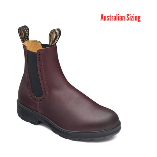 Maroon pull-on Chelsea boot with black sole and side elastic panels, labeled Australian Sizing