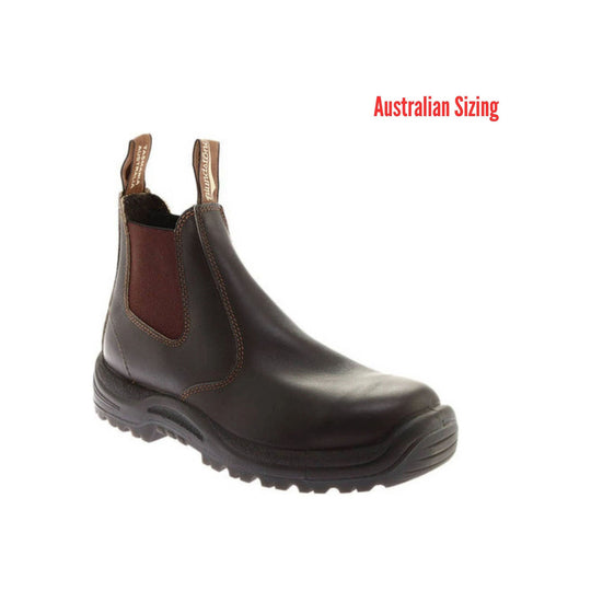Brown leather boot with a patch on a white background, labeled 'Australian Sizing'.