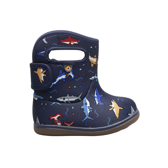 Navy mid-calf rain boot with shark print and a side pull handle