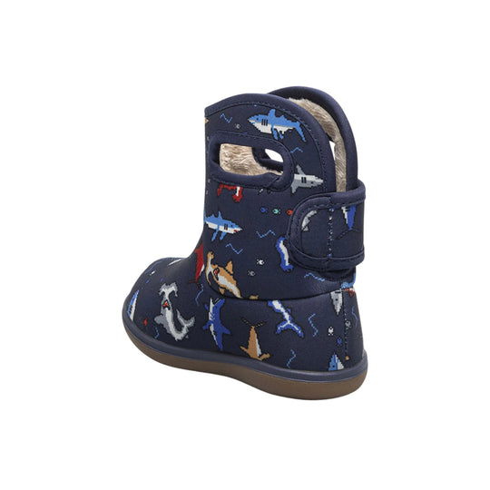Navy toddler rain boot with shark pattern and shearling lining