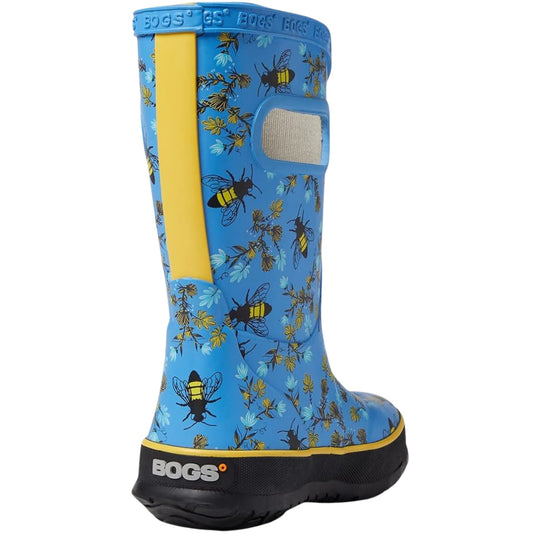 Blue rain boot with bee print, yellow side stripe, and black sole