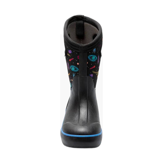 Black kids' rain boot with colorful space print on the shaft and blue trim at the sole, front view