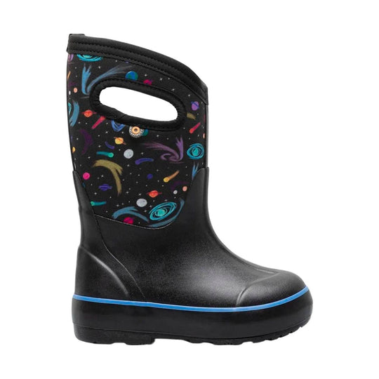 Black kids' winter rain boot with colorful space print on the shaft and a blue stripe on the sole