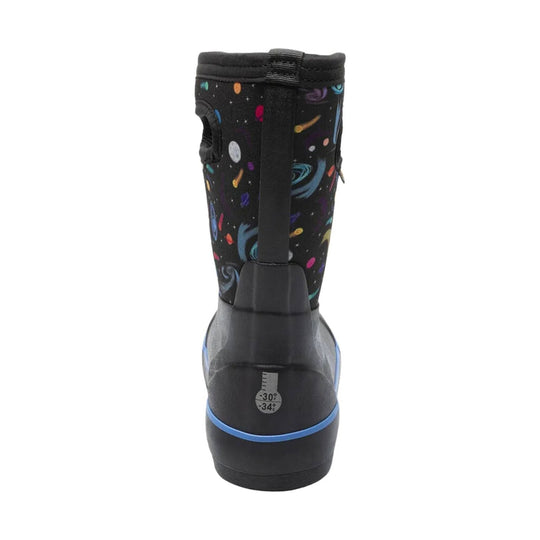 Rear view of a black kids' rain boot with multicolor space pattern, blue trim, and a temperature rating graphic