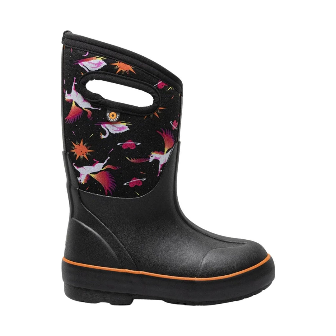 Black kids' rain boot with a colorful space-and-unicorn pattern at the shaft and orange trim