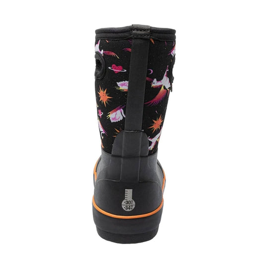 Black kids' rain boot with colorful space print and -30F/-34C marking on the heel