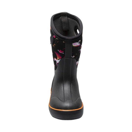 Black kids' rain boot with colorful space and unicorn print, front view