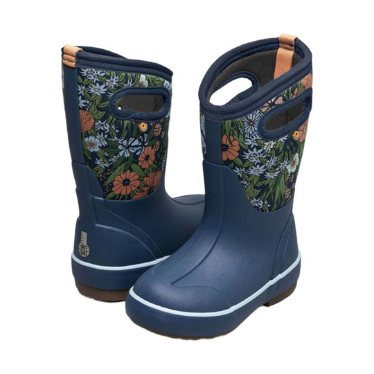 Blue pull-on rubber winter boots with floral panels and orange pull tabs