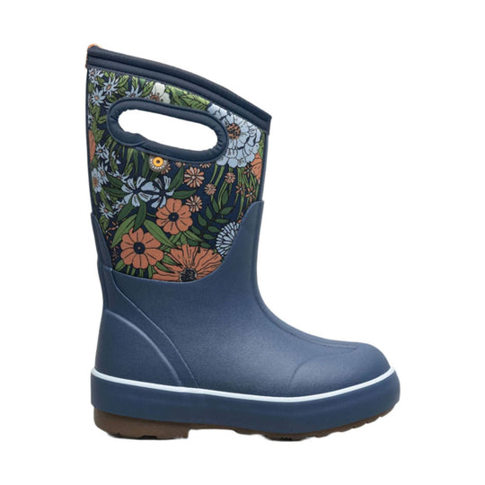 Blue kids' winter boot with floral collar and pull handle