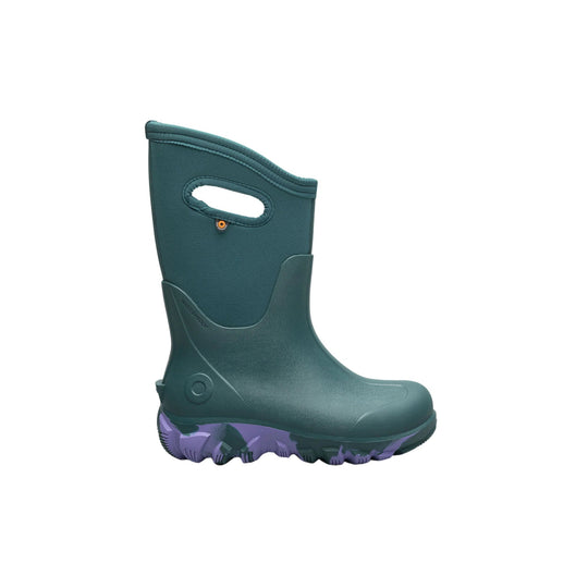 Dark teal waterproof kids' rubber boot with side handle and purple camo sole