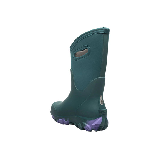 Teal knee-high winter boot with side pull handle and rugged purple sole