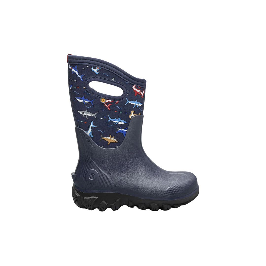 Navy kids' pull-on winter boot with shark and fish pattern, tall handle shaft, and black lug sole