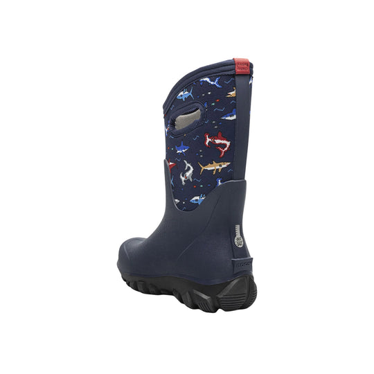 Navy kid's winter boot with shark print shaft and rugged black sole