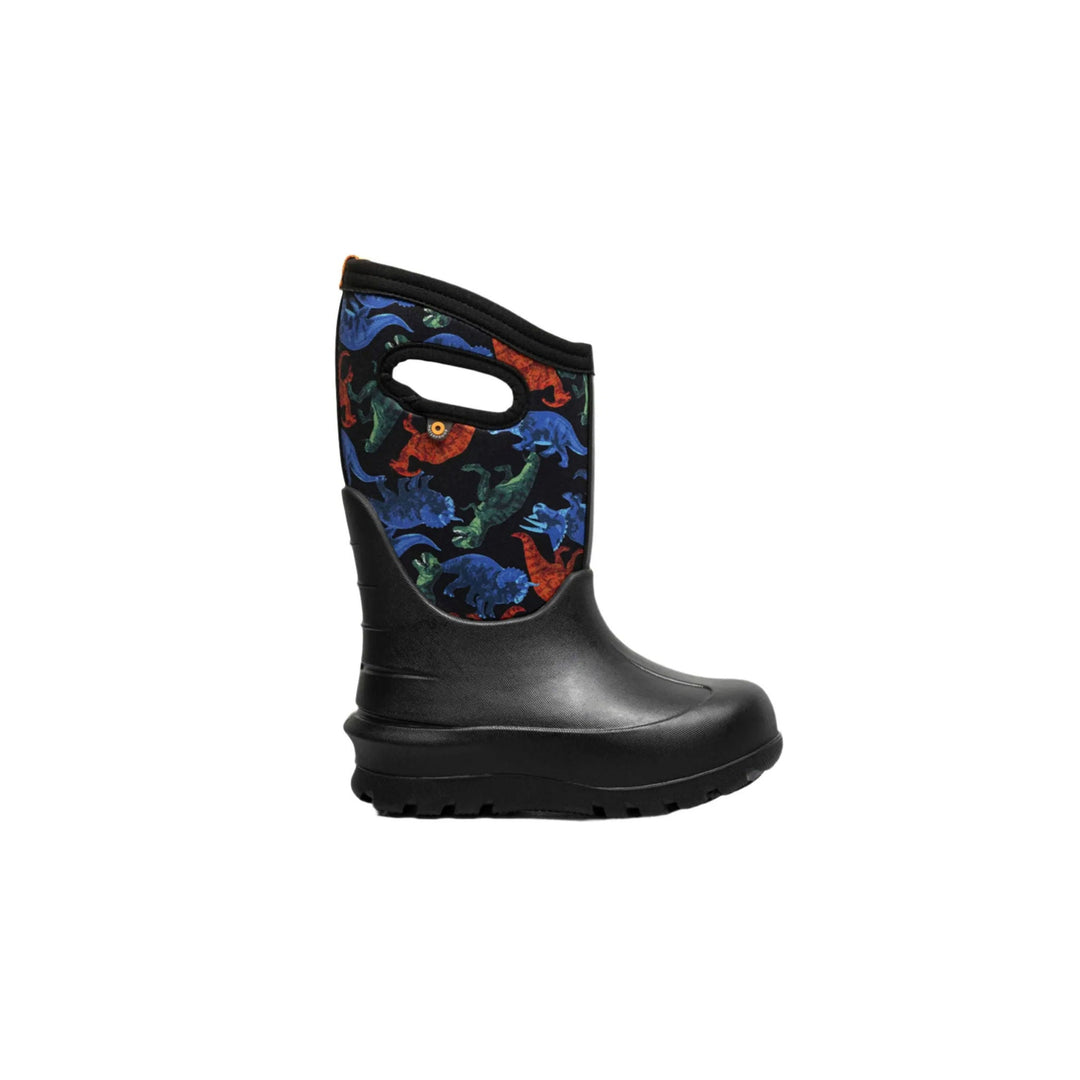 Black winter boot with colorful dinosaur-print shaft and thick treaded sole