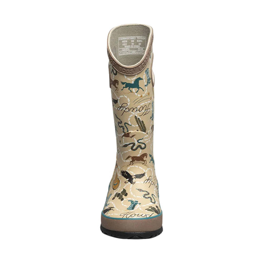 Tan tall rain boot with horse and animal print and a textured black sole