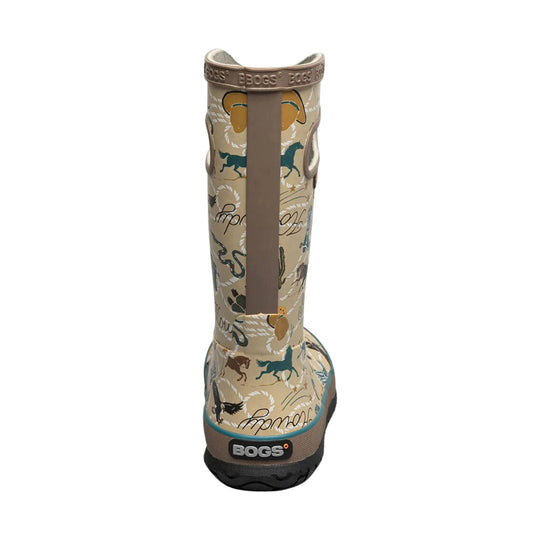 Tall tan rain boot with horse and rope print, back pull tab, and BOGS logo on the heel