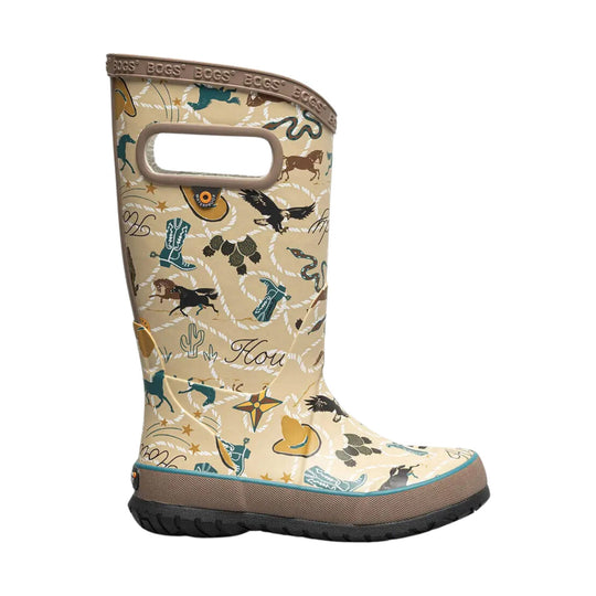 Tan pull-on rain boot with Western-themed print, side carry handle, and black tread sole
