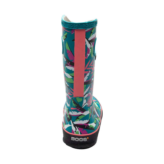 Colorful patterned rain boot with teal shaft, pink back pull tab, and black toe cap