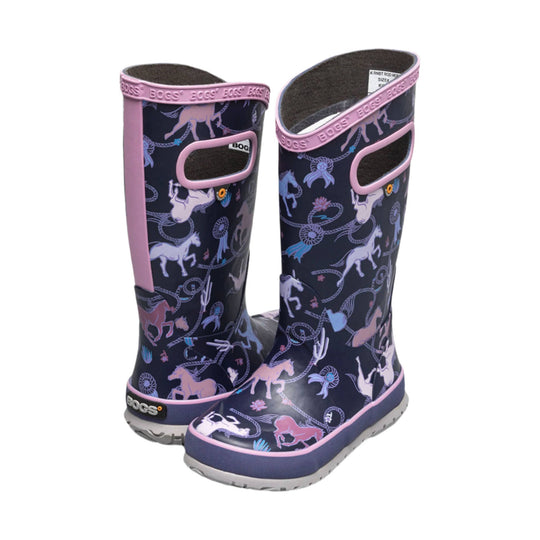 Pair of navy rain boots with pink trim and horse-and-rope print