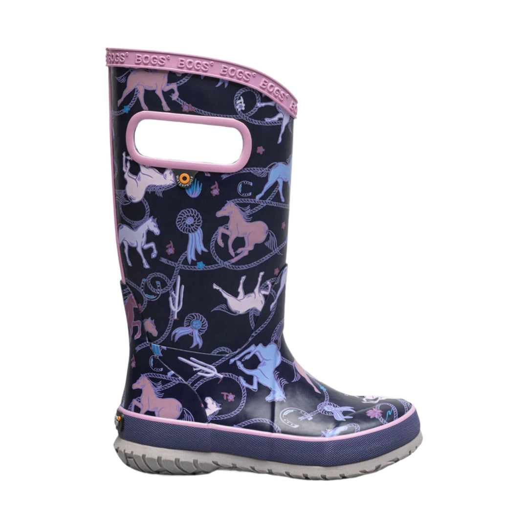 Tall navy rain boot with pink trim and horse print, shown in side view