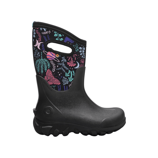 Black mid-calf rain boot with colorful floral and butterfly print at the top and a thick lug sole