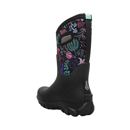 Black pull-on winter boot with colorful forest and space print on the shaft