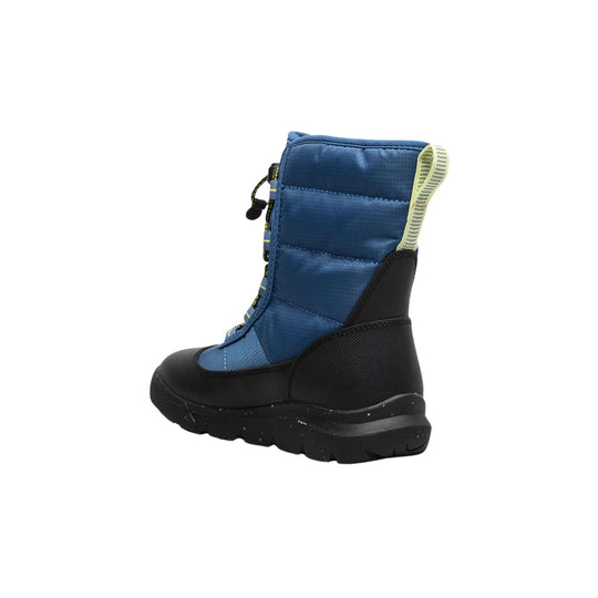 Blue and black insulated winter boot with thick treaded sole and pull loop