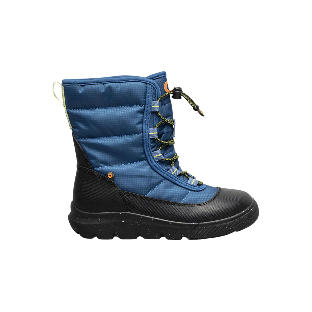 Blue and black winter boot with bungee laces and thick tread sole
