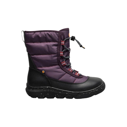Purple and black winter boot with bungee laces and a thick treaded sole