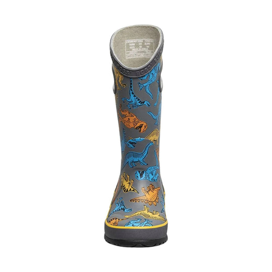 Gray kids' rain boot with colorful dinosaur print and BOGS logo at the top