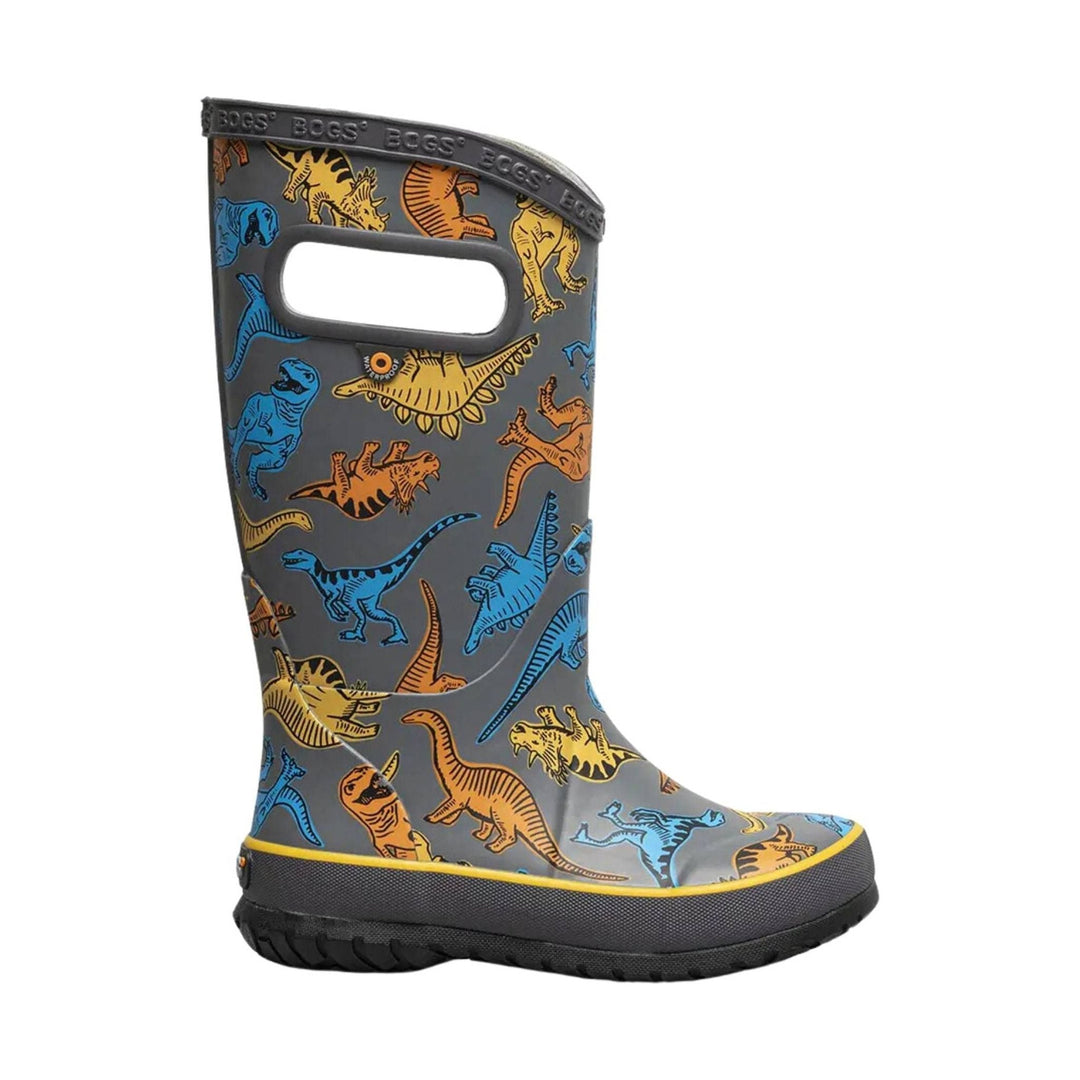 Gray rubber rain boot with colorful dinosaur print and black treaded sole