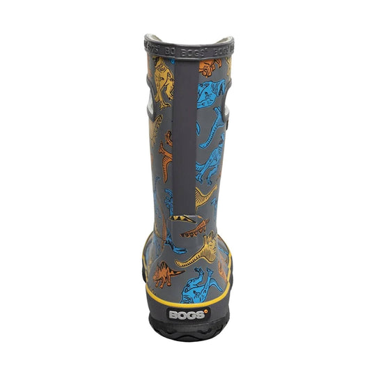 Grey kids' rain boot with colorful dinosaur print and BOGS logo on the heel