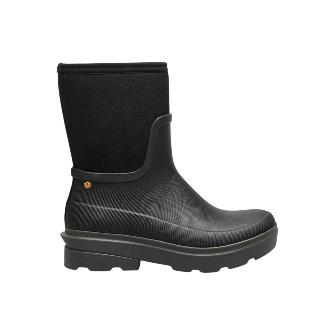 Black mid-calf rubber rain boot with a textured shaft, side strap detail, and chunky treaded sole