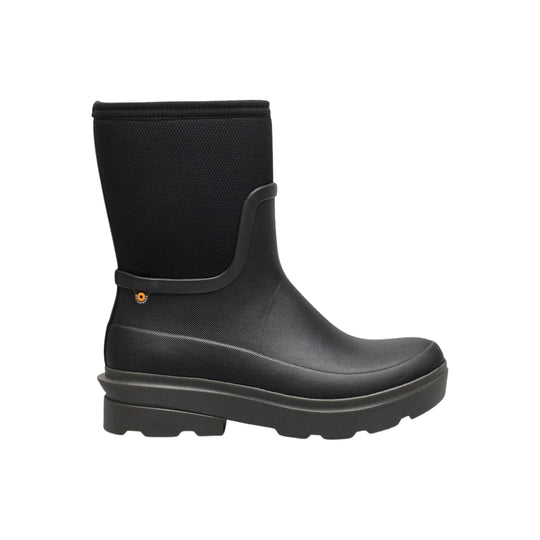 Black mid-calf rubber rain boot with a textured shaft, side strap detail, and chunky treaded sole