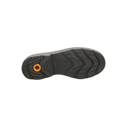 Black boot outsole with orange circular grip insert and wavy tread pattern