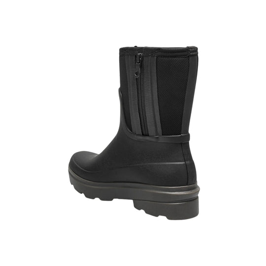 Black mid-calf rain boot with side zipper and lug sole