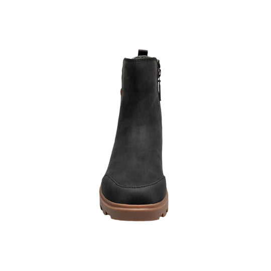 Black ankle boot with a brown rubber sole, front view